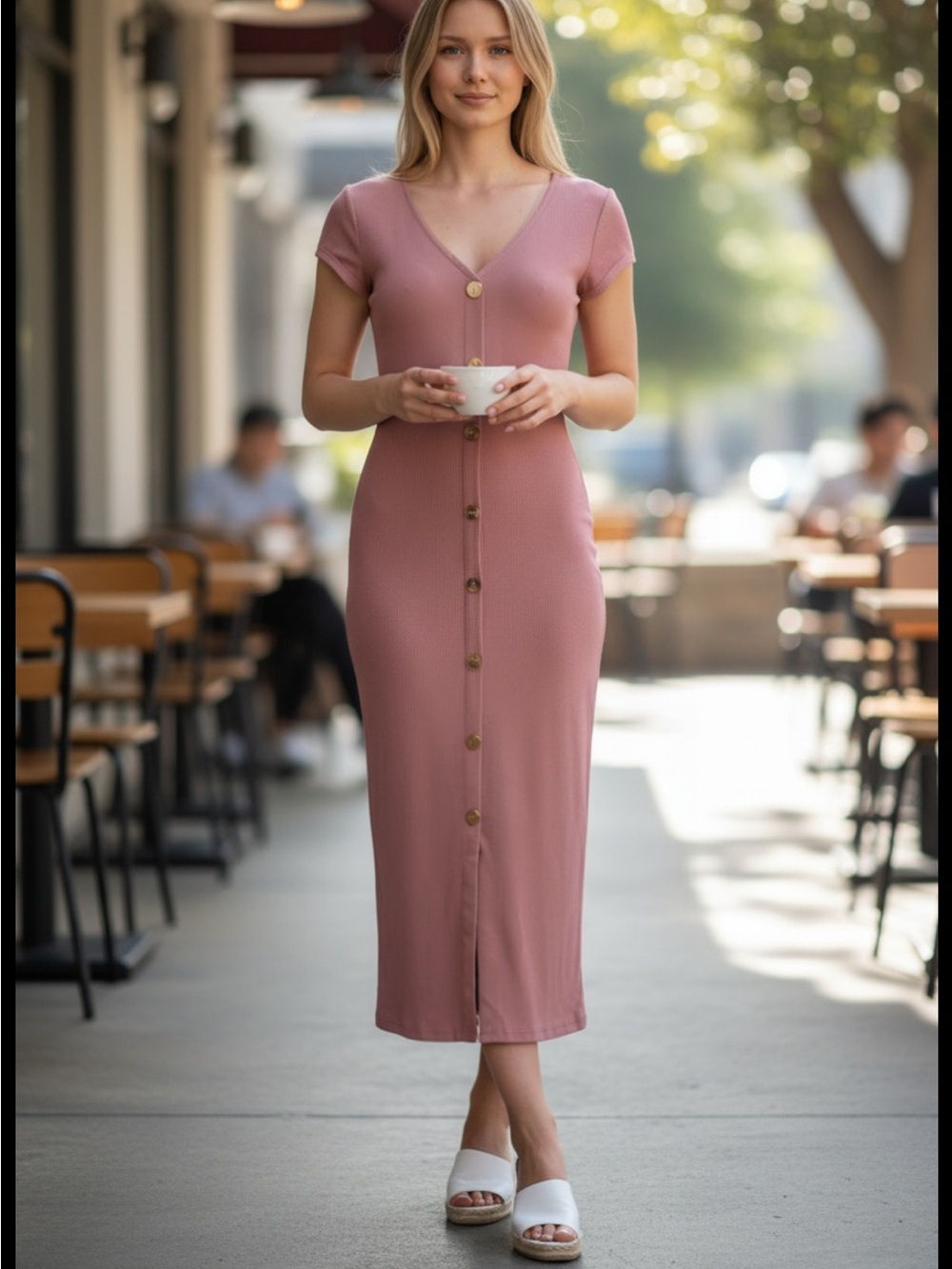 Lovefire Rose Pink Button-Front V-Neck Midi Dress